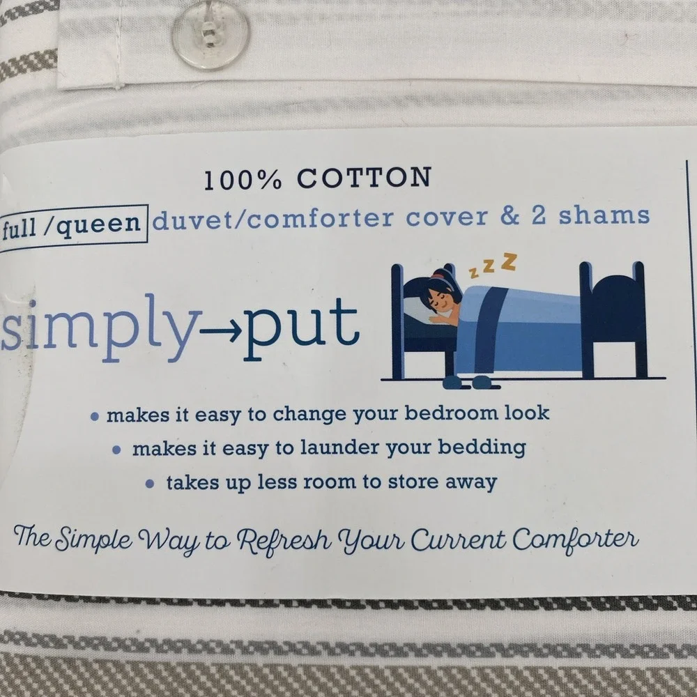 Simply Put Duvet Set FULL/QUEEN White Gray Ticking Stripe 100% Cotton Crisp